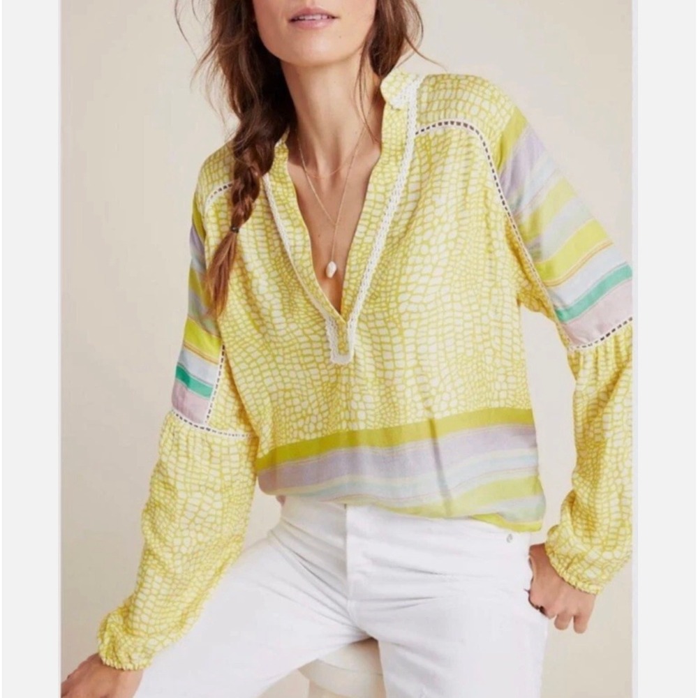 Anthropologie Conditions Apply Corinna Peasant Blouse Large Yellow Stripe‎ Boho